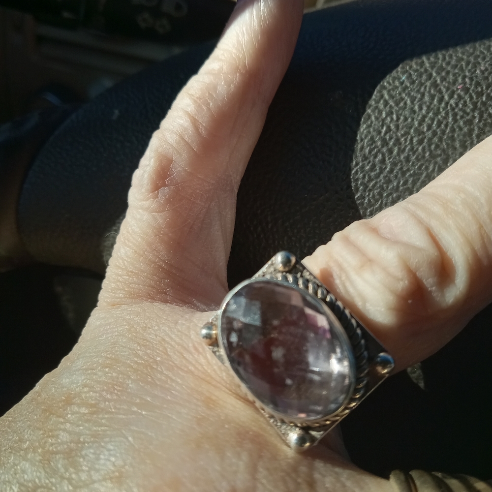 Vintage Custom made Sterling Silver 925 Elegant ring oval Amethyst stone side 8